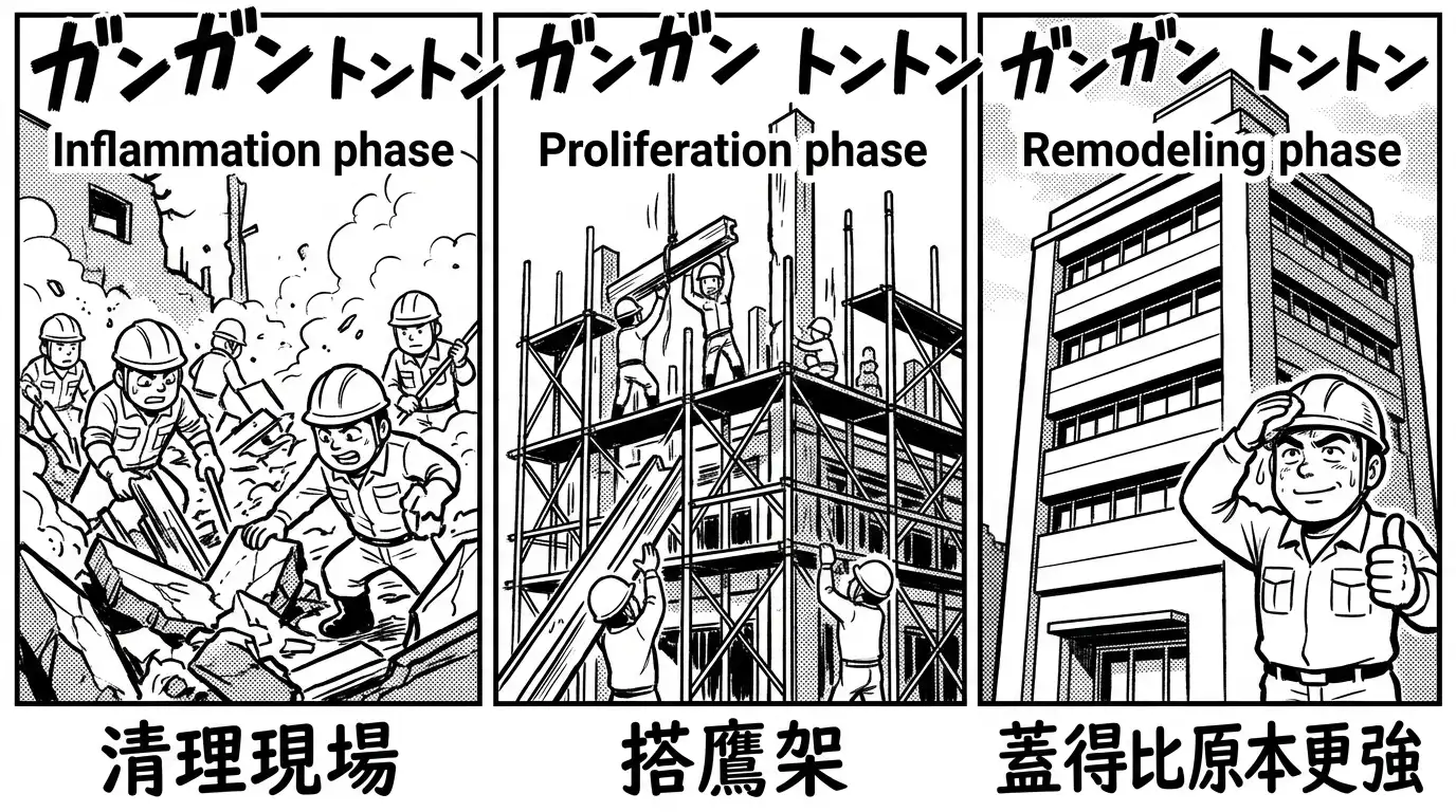 漫畫插圖：把身體修復比喻成工地施工，發炎期是清理現場的工班進場、增生期是搭鷹架、重塑期是收尾裝潢，蓋出比原本更堅固的結構